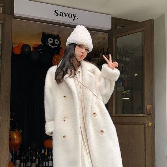 Winter thickened medium and long suit collar imitation mink plush fur coat plus cotton lazy wind coat