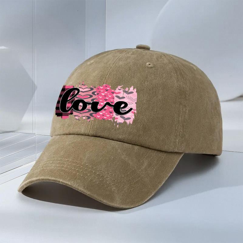 Love Heart Print Baseball Cap Polyester Distressed Casual Adjustable Outdoor Unisex Couple Cap