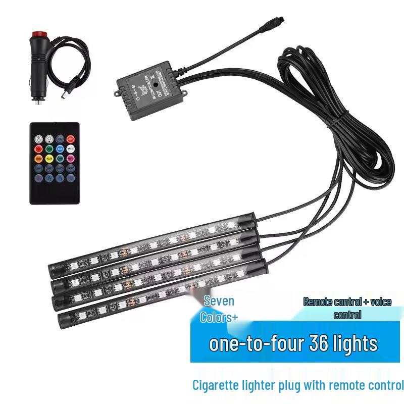 

Bluetooth Ритм-подсветка салона автомобиля: Питание от USB, Активация звуком, Разноцветная подсветка пространства для ног Remote 36 LEDs Cigarette Lighter
