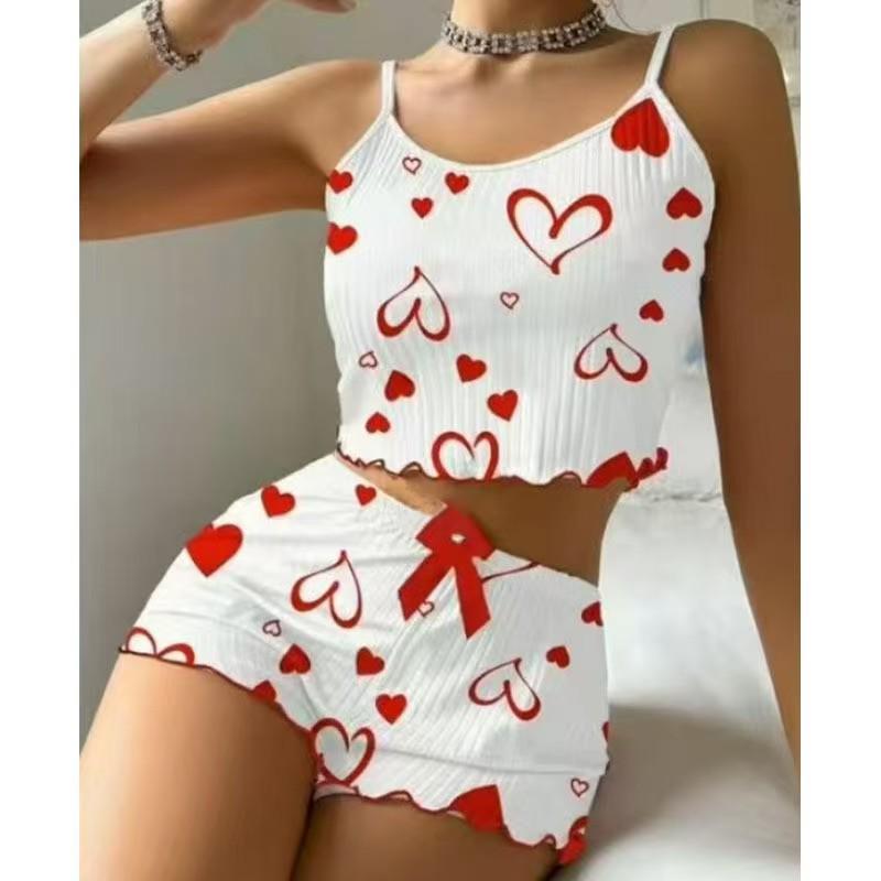 2026 European & American Sweet Heart Print Knit Pajama Set for Women