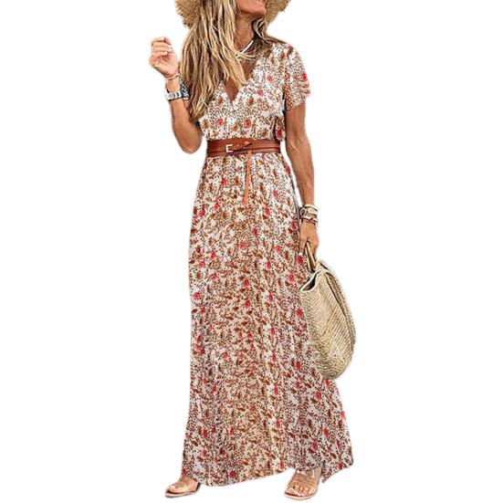 Boho Women Dress Paisley Print Large Hem Short Sleeve Slit Hem Maxi Dress with Belt for Work