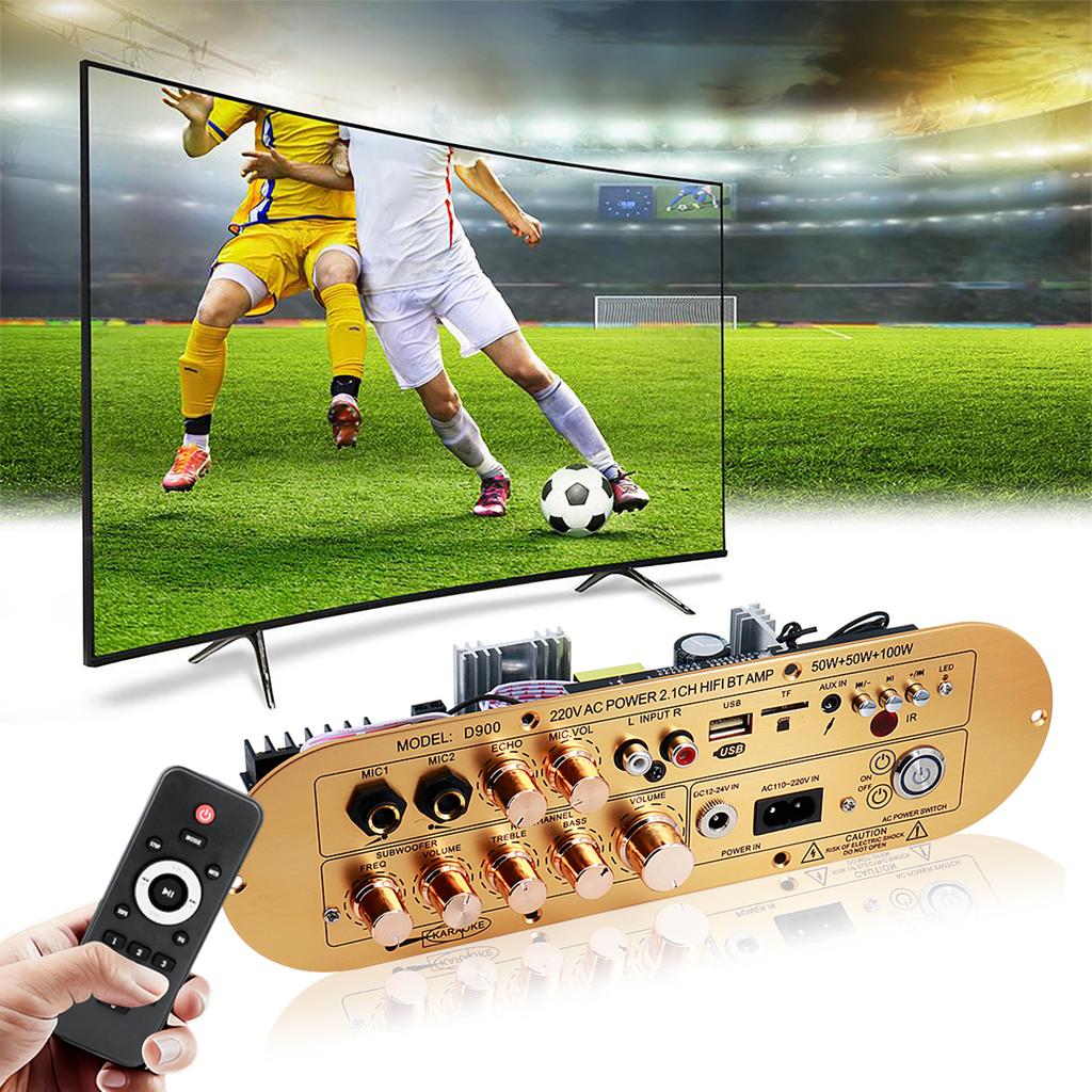 Audio Amplifier Board 2.1 Channel Subwoofer Amplifier Support AUX/USB/FM/TF Card/MIC Power Amplifier Board for Home Karaoke