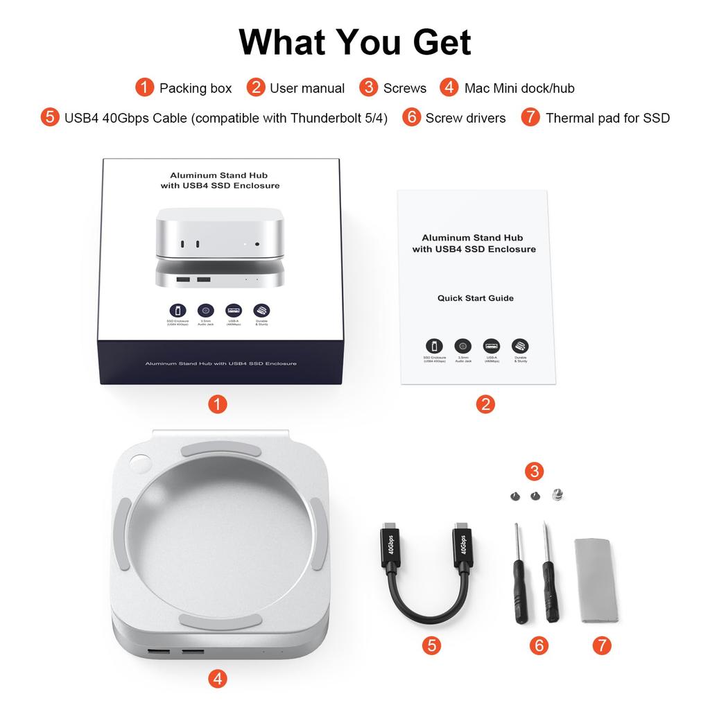 Qwiizlab 40Gbps Mac Mini Pro Stand Hub with USB4 NVMe SSD Enclosure Host 3 Audio PCIe Support Up To 8TB Thunderbolt Support M4/M4 USB-C USB-A 2.0