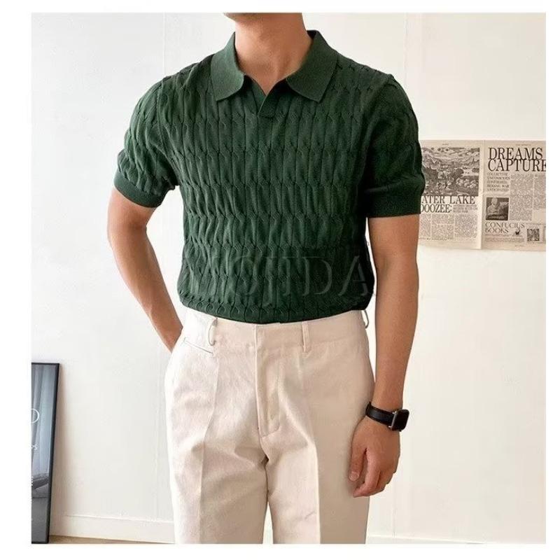 Summer Short-sleeved T-shirt V-neck Knitted Men's Polo Shirt Stretch Slim Lapel Knitted Short-sleeved
