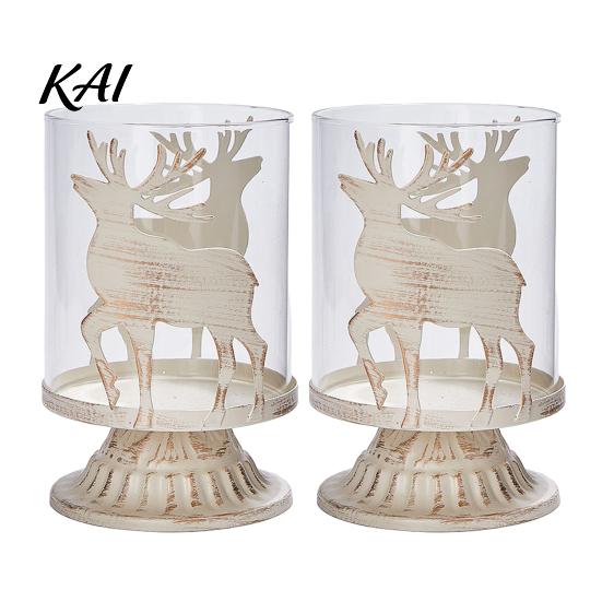 Holiday Gift for Her 2Pcs Christmas Hollow Metal Candle Holder, Vintage Tabletop Tealight Lantern, Xmas Glass Lamp Elk, Tree, Star & Heart Silhouette