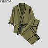INCERUN 2PCS Men Lapel Neck 3/4 Sleeve Stitching Belt Shirt Long Wide Leg Pants Sets Outfits