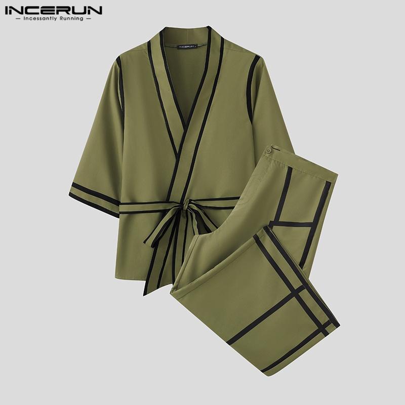 INCERUN 2PCS Men Lapel Neck 3/4 Sleeve Stitching Belt Shirt Long Wide Leg Pants Sets Outfits