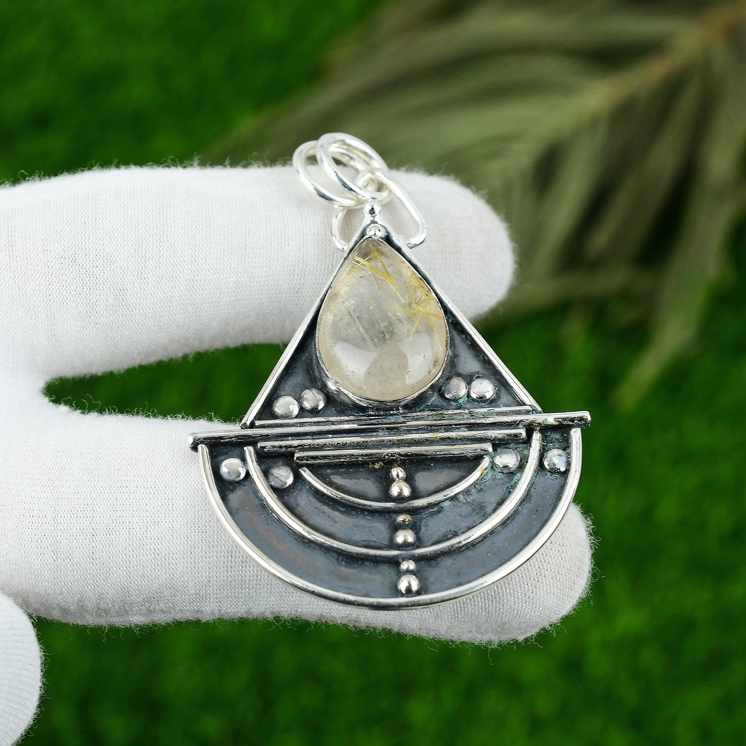 

925 Sterling Silver Golden Rutile Gemstone Bezel Birthday Anniversary Pendant