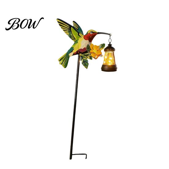 Solar Powered Outdoor Decor Kingfisher Garden Stake Light, Metal Bird Yard Art with Hanging Lantern, Auto-On Decorations LED Waterproof Patio