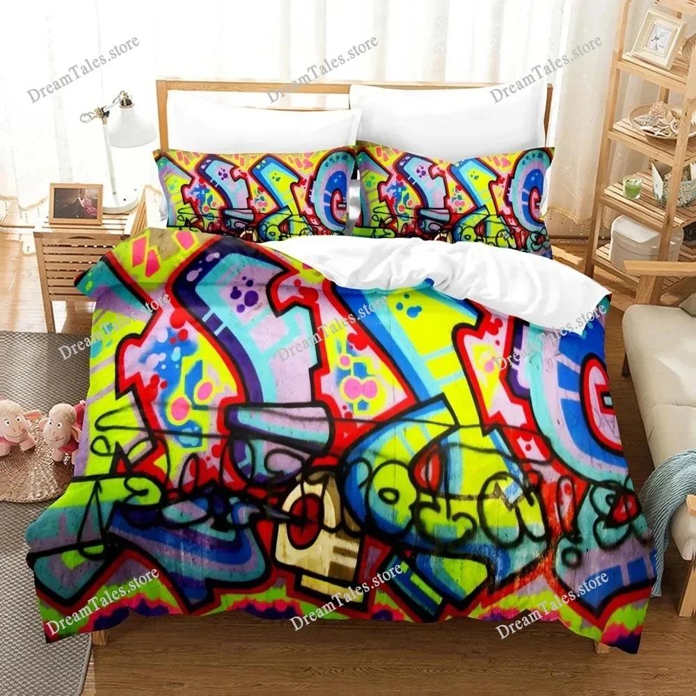 Graffiti Duvet Cover Set Teen Style Pattern Bedding Street Culture Decor Set King Queen Size Hip Hop Polyester Comforter Cover74