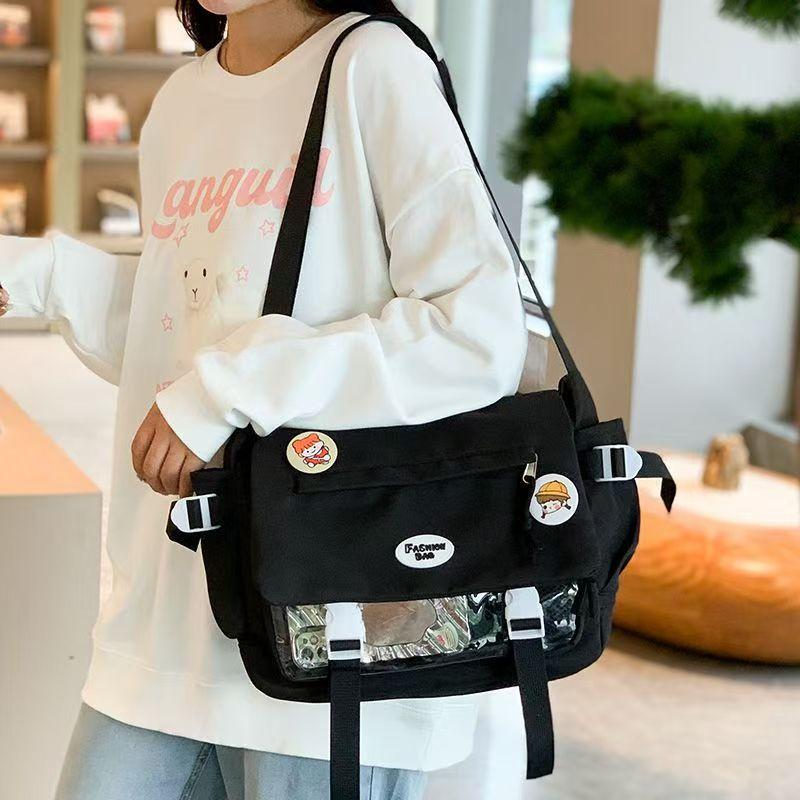Cute College Style Girl Crossbody Bag Japanese y2k Student Large Capacity Versatile Postman Bag Transparent Badge Cute Ita Bag