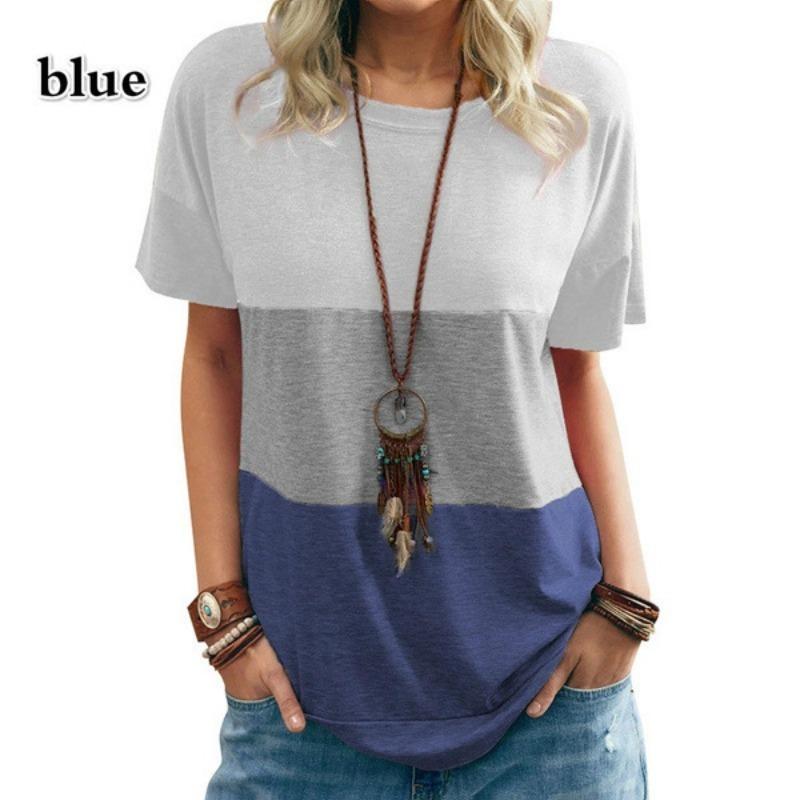 Spring Summer Women's Color Blocked T-shirt Pocket Round Neck Short Sleeve Loose Top