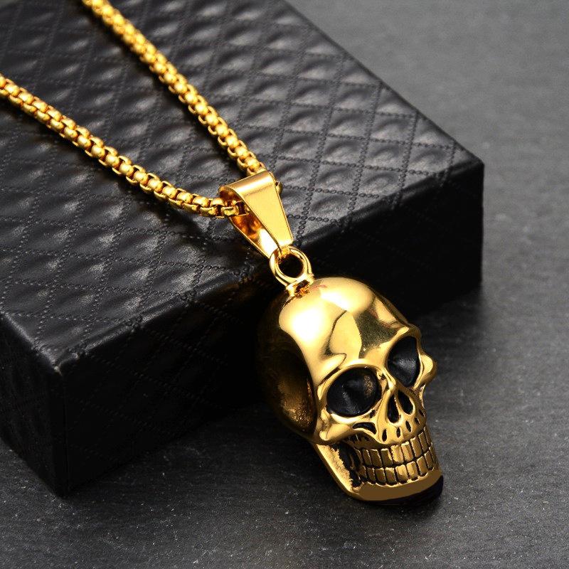 Wu's 2022 Retro Hip Hop Punk Stainless Steel Skull Necklace Men's Rock Personality Long Pendant Necklace Boho Halloween Ornament