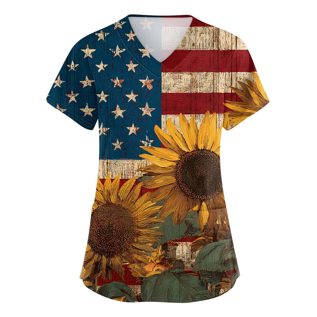 Damen V-Ausschnitt Unabhängigkeitstag Aufdruck Kurzarm Tasche Seitenöffnung Schutzkleidung Arbeitshemd