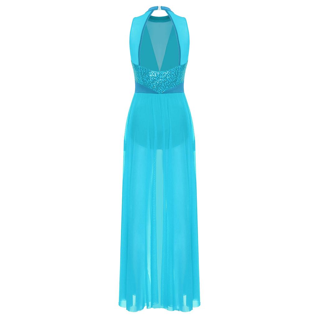 Women Lyrical Dance Leotard Dress Modern Contemporary Costume Sequins Halter Sleeveless Long Flowy Maxi Dress