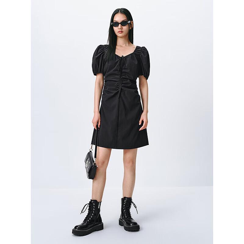 PEACEBIRD Women's French Style Pleated Puff Sleeve A-Line Dress