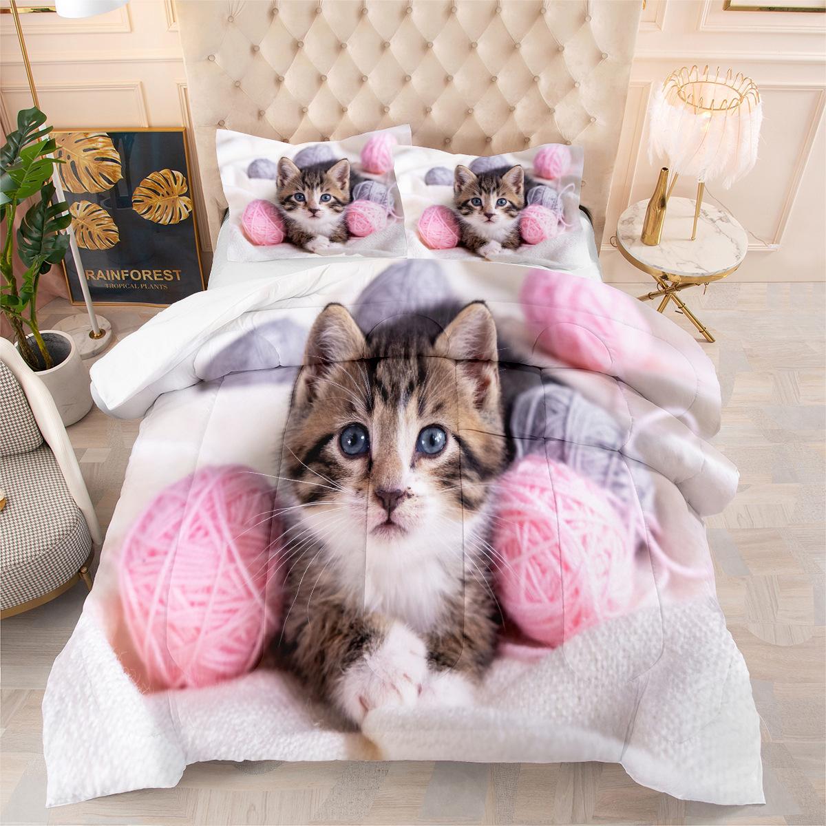 Quilted Comforter Set - Cat Design, Digital Print Duvet Cover 3-piece Set 172*218cm