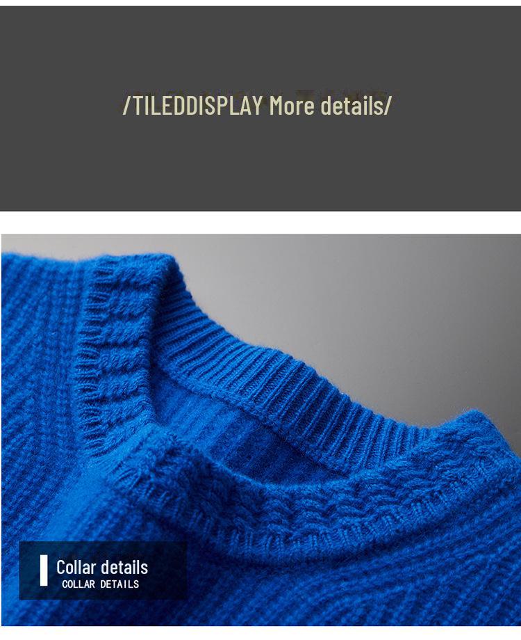 Men's 100% Wool Round Neck Sweater - Thickened, Fashionable, Casual Loose Fit for Teens, Solid Color Knitted Design.