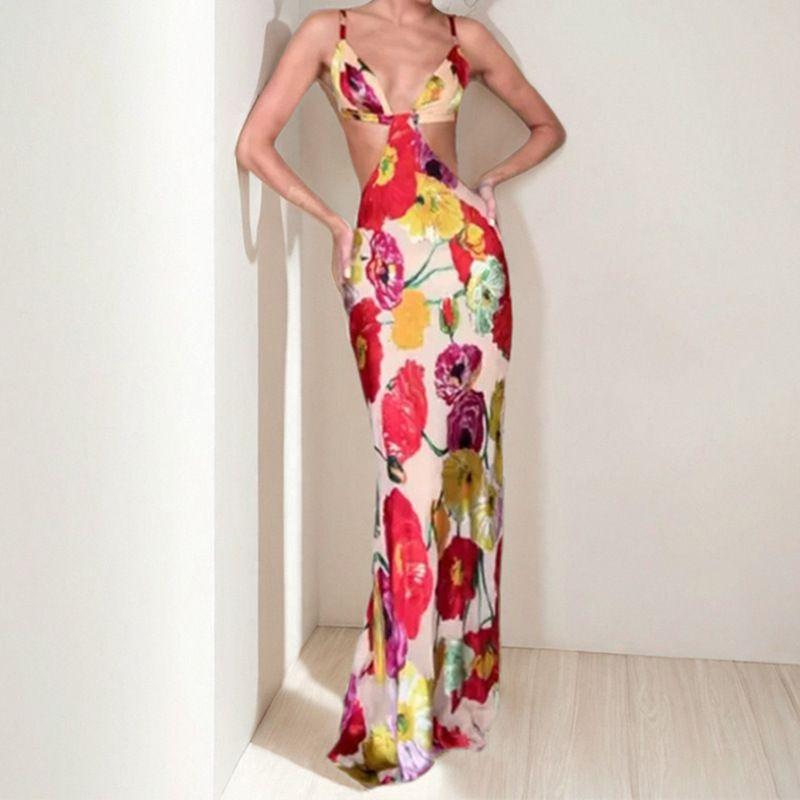 Cross-Border 2025 Spring New European and American Women Clothes Floral Fashion Sexy Slim Fit Sheath Sling Long Dress Dress Women