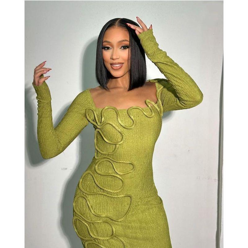 

Spring and Summer New Pleat Personalized Twisted String Decorative Square Collar Long sleeve Slim fit Long Dress Lx0156 Olive color S