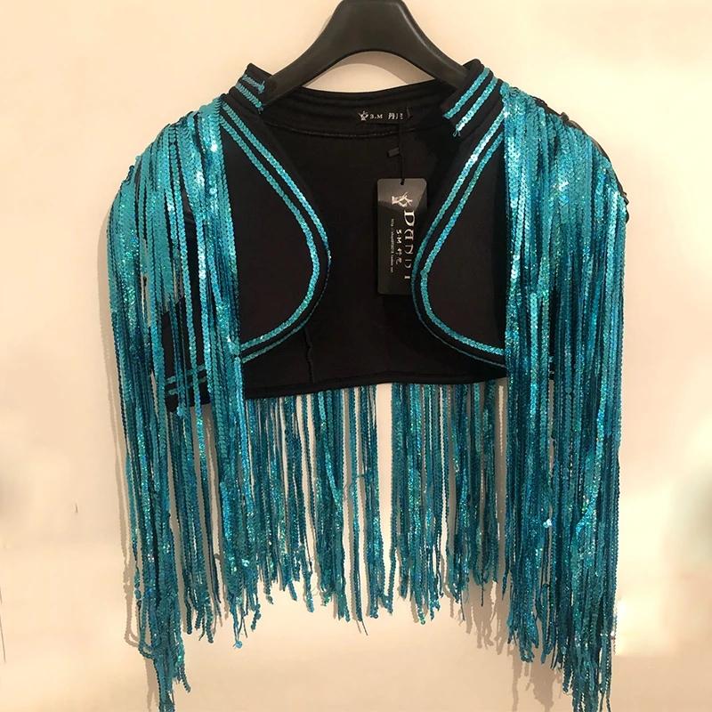 Costume da Cantante da Bar DS di Beyonce Uomo Trapano Lamé Frange Lunghissime Nappe Gilet Giacca Uomo Abbigliamento Rave Jazz Top con Paillettes DNV10064