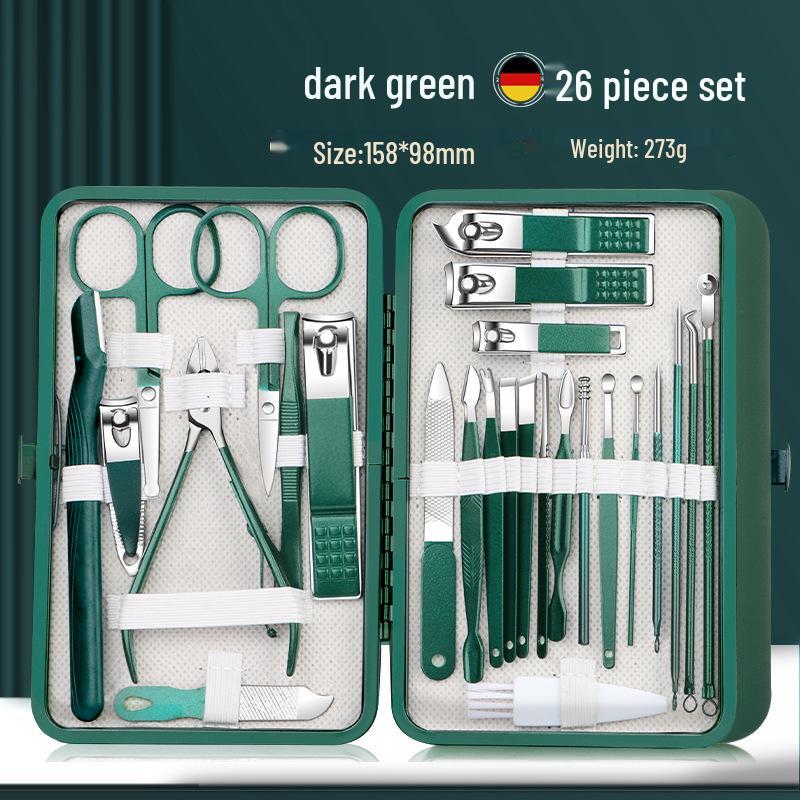 26-Piece Dark Green Stainless Steel Manicure Set: Nail Clippers, Scissors, Dead Skin Clippers, and Tools.