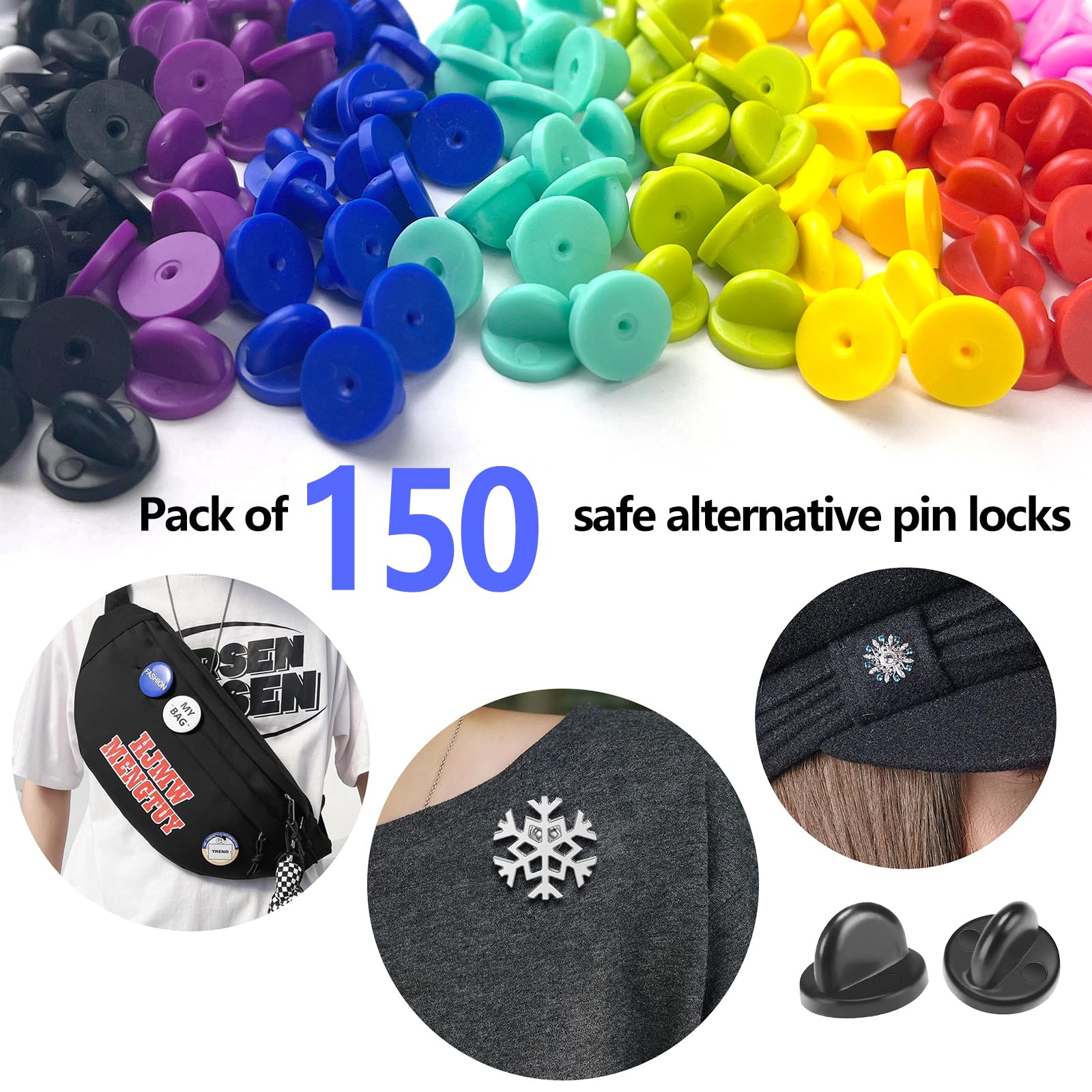

150Pcs Rubber Pin Backs Locking With Storage Case Keepers for Brooch Tie Hat Badge One Size
