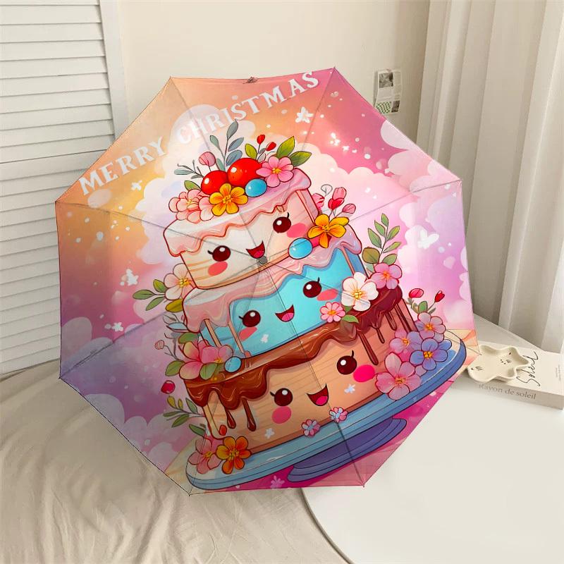 

1PC Christmas cake Automatic Open/Close Umbrella with Windproof, 8-Rib Sturdy Canopy, Durable Ribs, Fashionable Design, Outdoor Accessory, Fun Prin, H