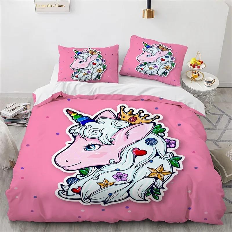 Cartoon Unicorn Flying Horse Bedding Set Boys Girls Twin Queen Size Duvet Cover Pillowcase Bed Kids Adult Home Textileextile