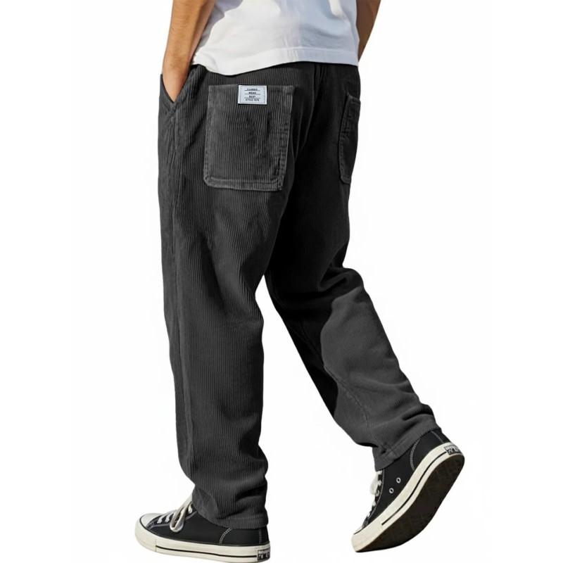 Mens Relaxed Fit Straight Leg Corduroy Pants With Embroidery Detail Casual Trousers 2026