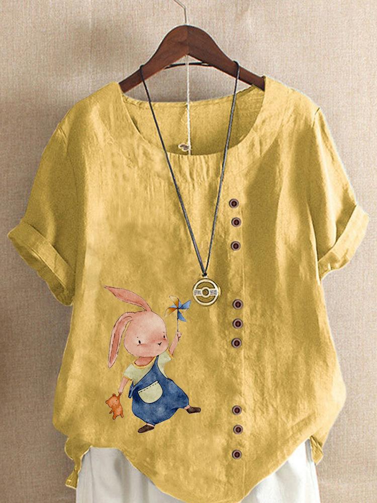 Women's Fashion Fashionable Rabbit Print Shot Sleeve T-shirt Loose Cotton Shirt Casual Loose Summer Blouse Tops Plus Size