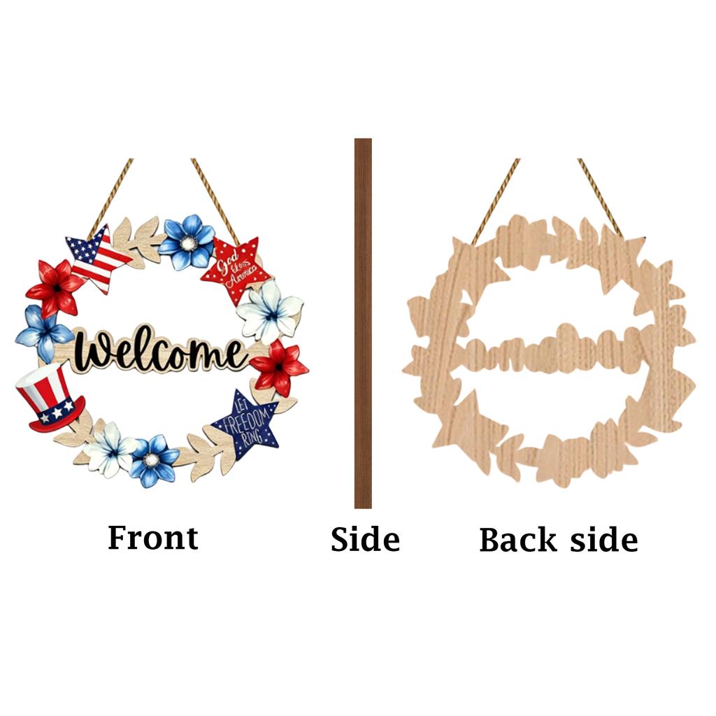 Wooden Patriotic Wreath Door Hanger Independence Day Decoration Wall Sign Plaque Home Hanging Ornament