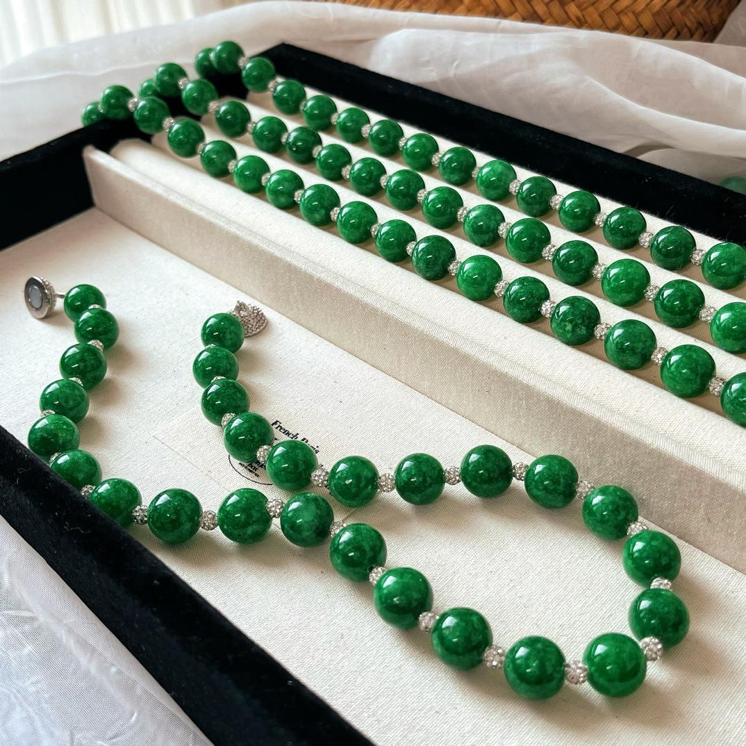 Retro Style 10Mm Niche Retro Quartzite Jade Green Dark Green Simulation Dry Blue Jadeite Round Bead Necklace