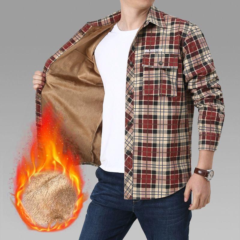 Men's Long-sleeved Pure Cotton Shirt Autumn and Winter Middle-aged and Young People Plaid Casual Loose Large-size Shirt Men's Velvet