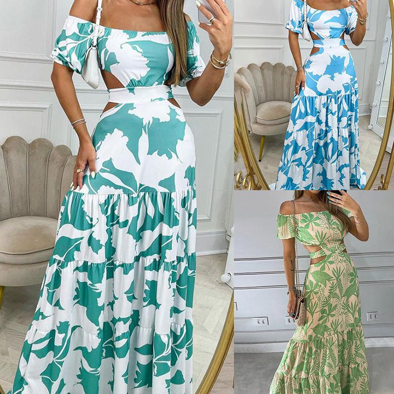 Summer Women's Printed Off-Shoulder Dress with Elastic Waist - Flowy A-Line Long Vacation Dress with Sexy Cut-Outs and Ties