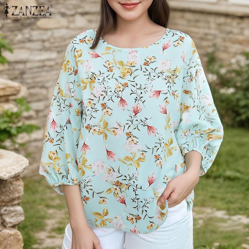 ZANZEA Blusa Estiva Casual da Donna a Girocollo a Maniche 3/4 Ampia con Stampa