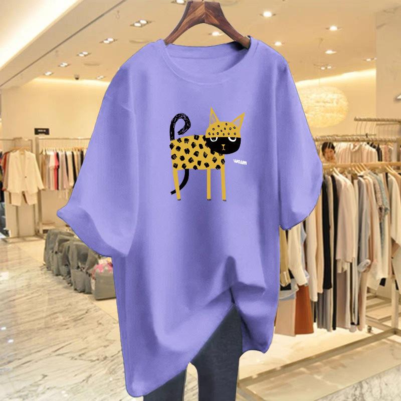 2025 Animal Series Leopard Printed Cotton Crew Neck Loose Women's T-Shirt Short Sleeve Top Bottom Shirt