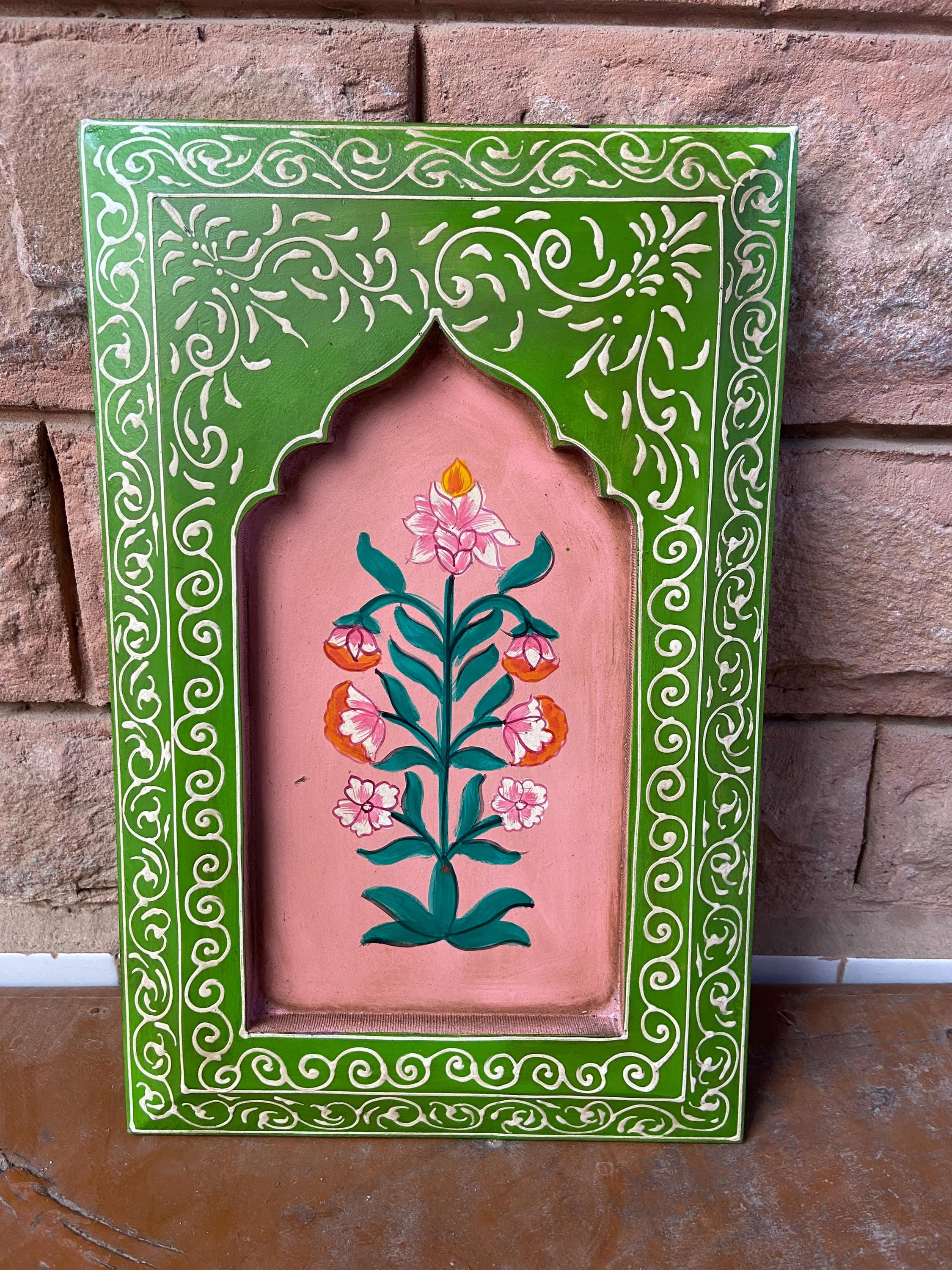 

Hand-Carved Floral Wall Decor: Vintage Indian Painted Wood Art 16” X 8” X 24” (l x w x h) різнокольоровий