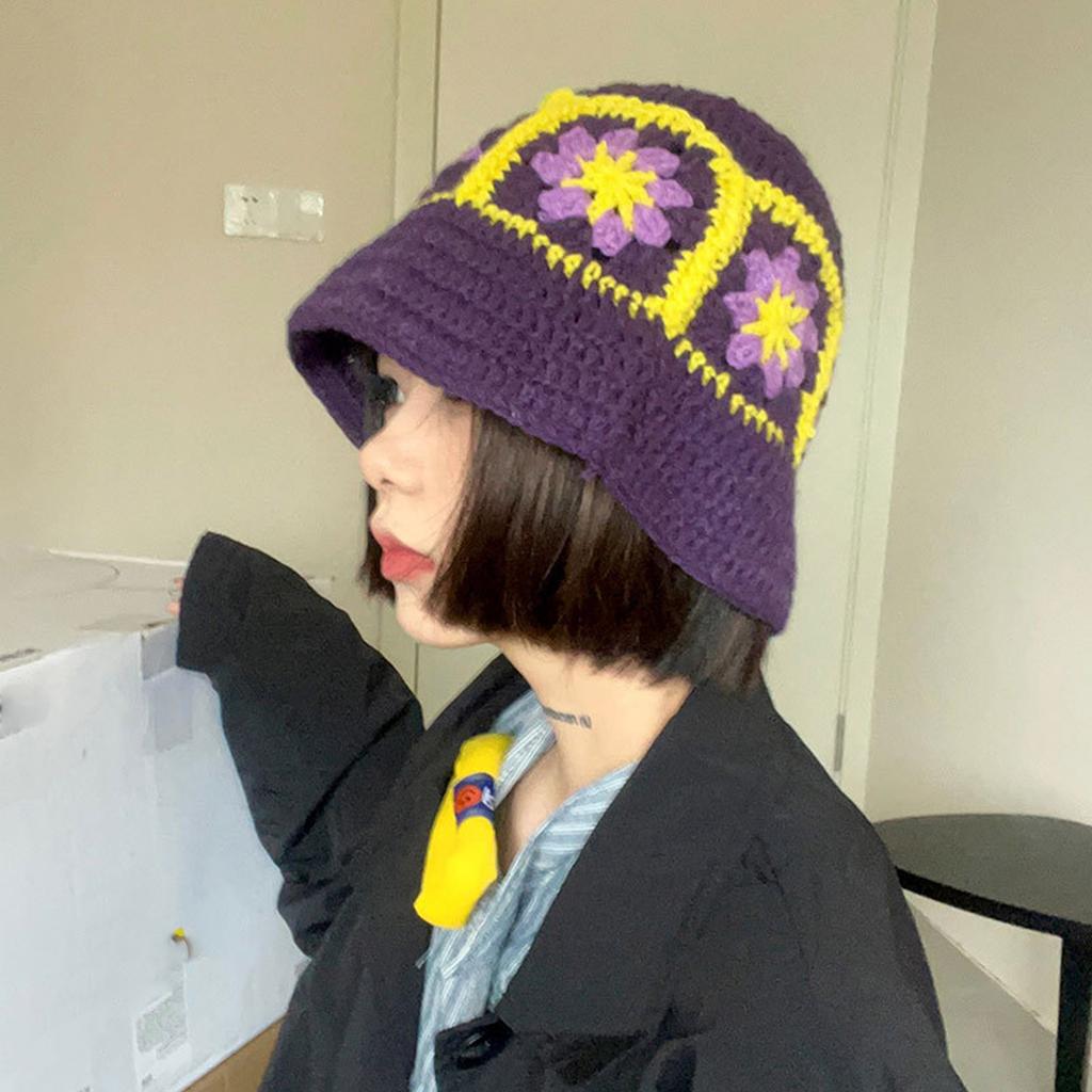 Knit Flower Bucket Hat for Woman Breathable Multi-color Weaving Wide Brim Bucket Hat Adult Teens Summer Fisherman Cap