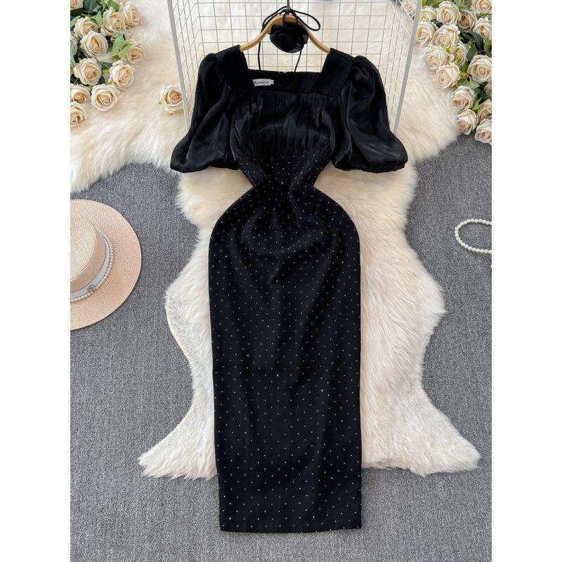 European Station New Arrival Fashion Elegant Elegant Lady of Note Short Sleeve Dress Fancy Hip Hot Drilling Square Collar Dress Dress