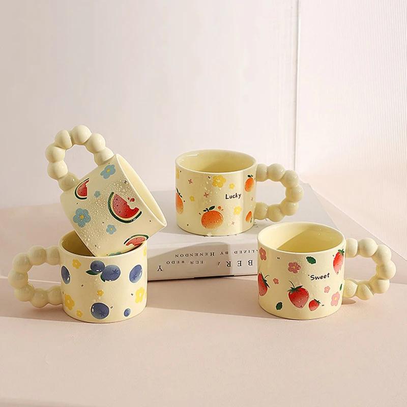 330ML Japanese Style Ceramic Coffee Cup Cute Fruit Pattern Milk Tea Cup Water Mug with Anti-slip Handle Coffee Cup Birthday Gift