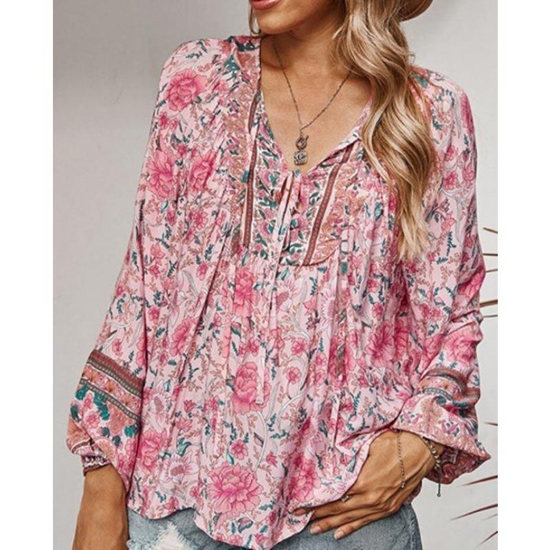 

Women s V-Neck Printed Casual Loose Thin Women s T-Shirt Blouse S зелений