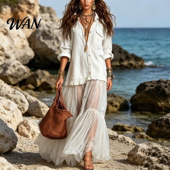Stylish Women Sundress Women's Faux Denim Shirt Dress, Long Sleeve Mesh Patchwork Pleated Detail Dress Maxi Button Down Ruffle Sheer Printed