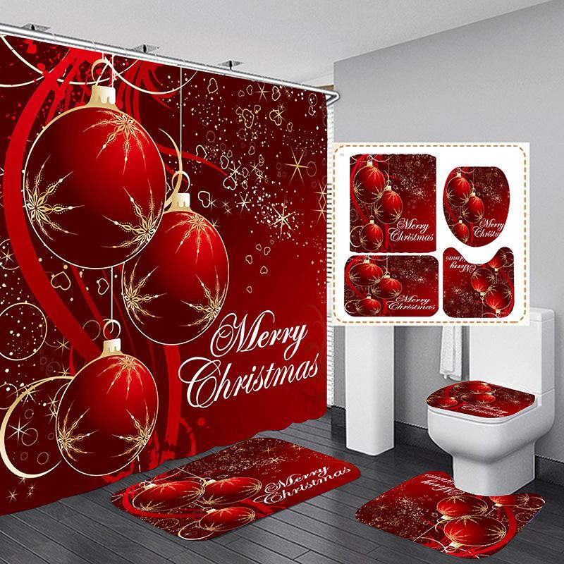 Navidad Merry Christmas Tree Shower Curtain Set Waterproof Polyester Xmas Bath Curtain and Toilet Floor Mat with Free 12 Hooks