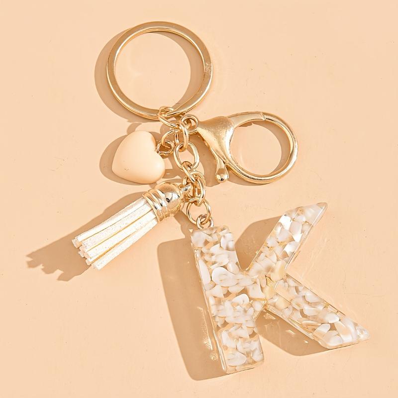 26 Iniciais Alfabeto A a Z Chaveiro de Letra Borla em Forma de Coração Bege Argolas de Chave Moda Enfeite Pendurado para Bolsa Bugiganga de Carro Presentes