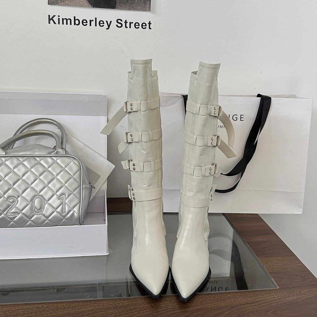 2025 nya europeiska och amerikanska stil bältesspänne tunna tjocka klack spetsiga riddarstövlar