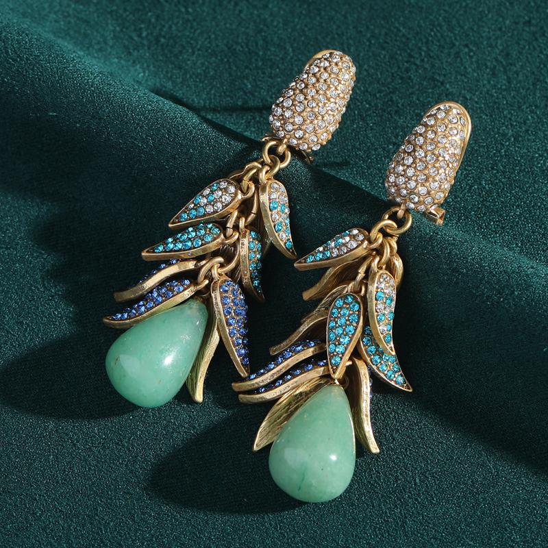 Vintage Drop Green Earrings Jade Rhinestones Leaf Dangle Jewelry Luxury Designer Wedding Woman Antique Gold Accessories