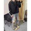 ROADVIBE Amerikanischer Retro Camouflage Patchwork Jeans Herren Zerrissenes Loch Katzenbart Weiter Bein Hosen Streetwear Trendige Gewaschene Denim Hosen