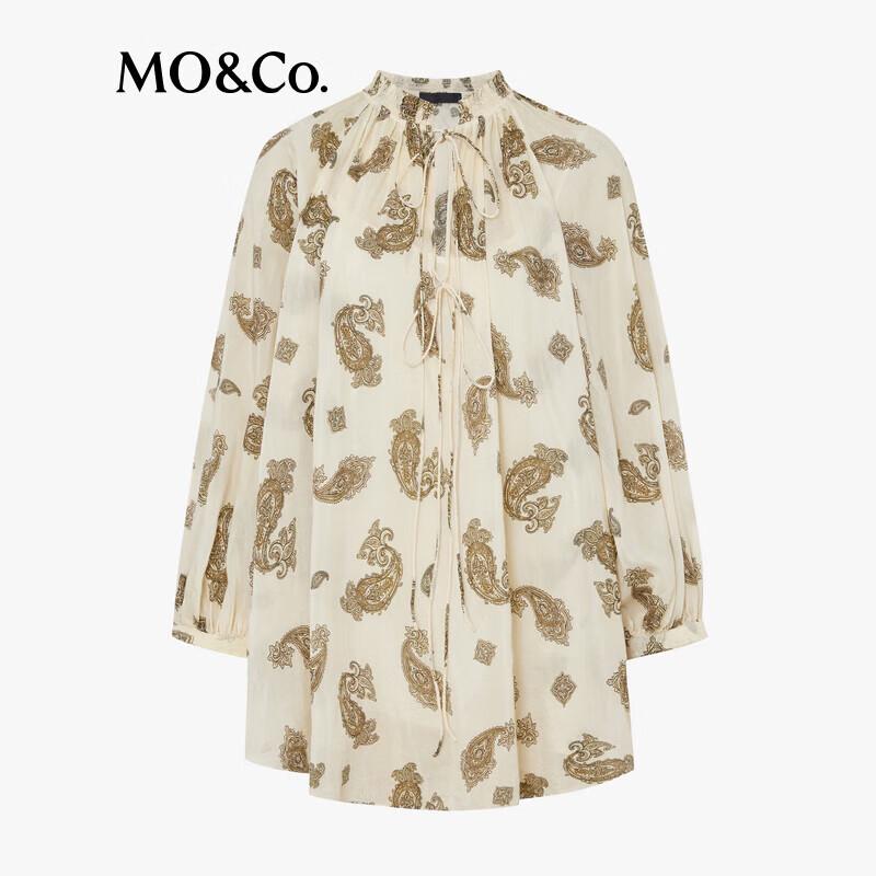 MO&Co. 5A+ Mulberry Silk Blend Paisley Print Puff Sleeve V-Neck Top