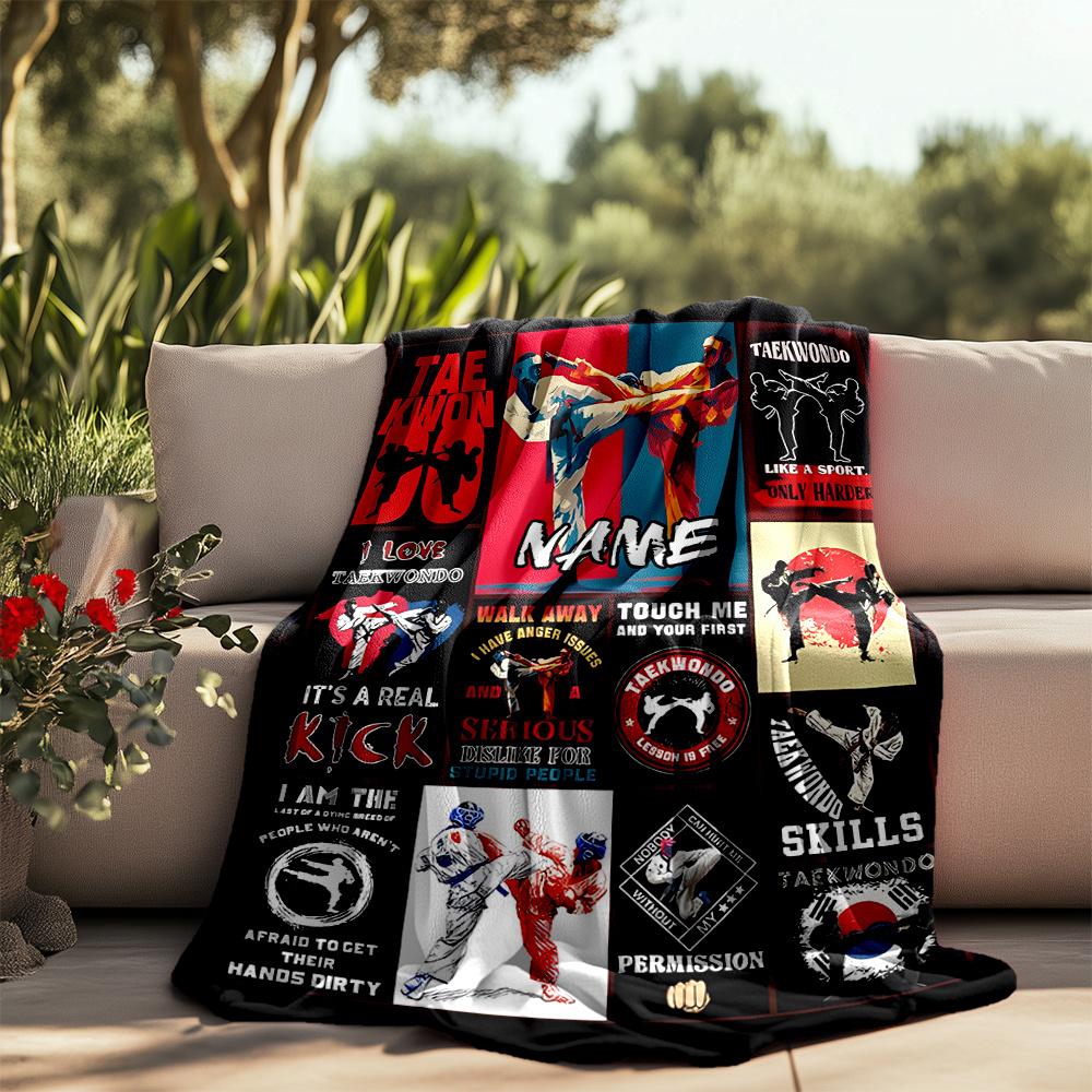 Taekwondo Arts And Skills Poster Design Personalized Outdoor Blanket Customize Your Name Durable Comfort Great For Picnics Outdoor Travel And Camping